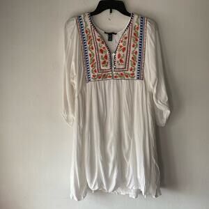 White Boho Flowy Embroidered Tunic Dress SZ M Peasant Prairie Cottagecore Beachy
